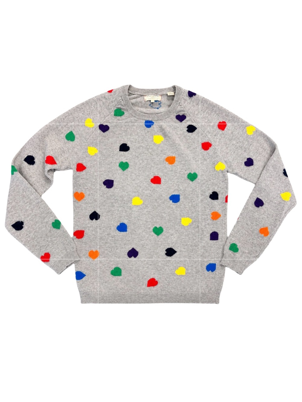 Chinti and Parker Cashmere Gray Multi Rainbow Heart Crewneck Sweater FITS SMALL